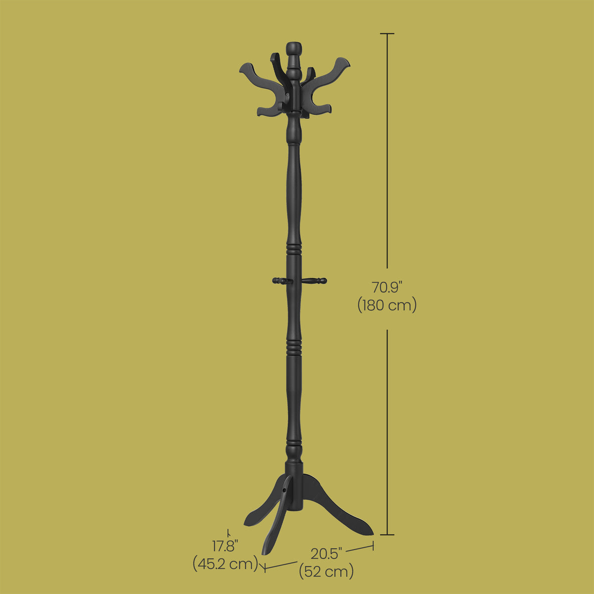 Solid Wood Coat Rack, Freestanding Hat Tree Stand with 9 Hooks, 20.5 x 17.8 x 70.9 inches, Black