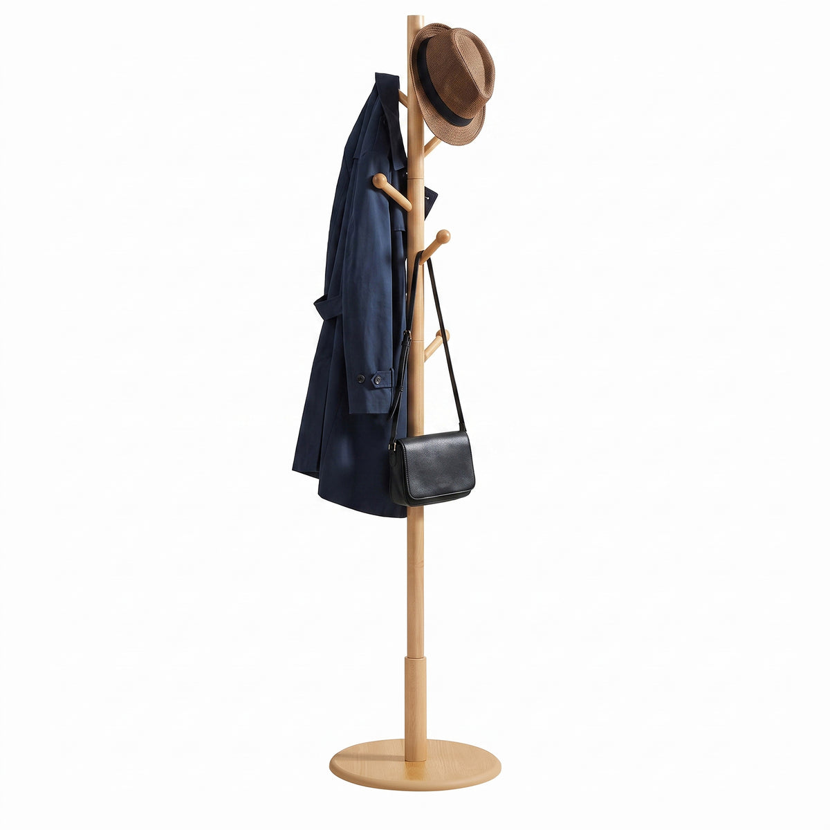 Wooden Clothes Rack with 8 Hooks, for Coats, Hats and Bags, Hallway Organizer, MDF, Rubber wood, Natural