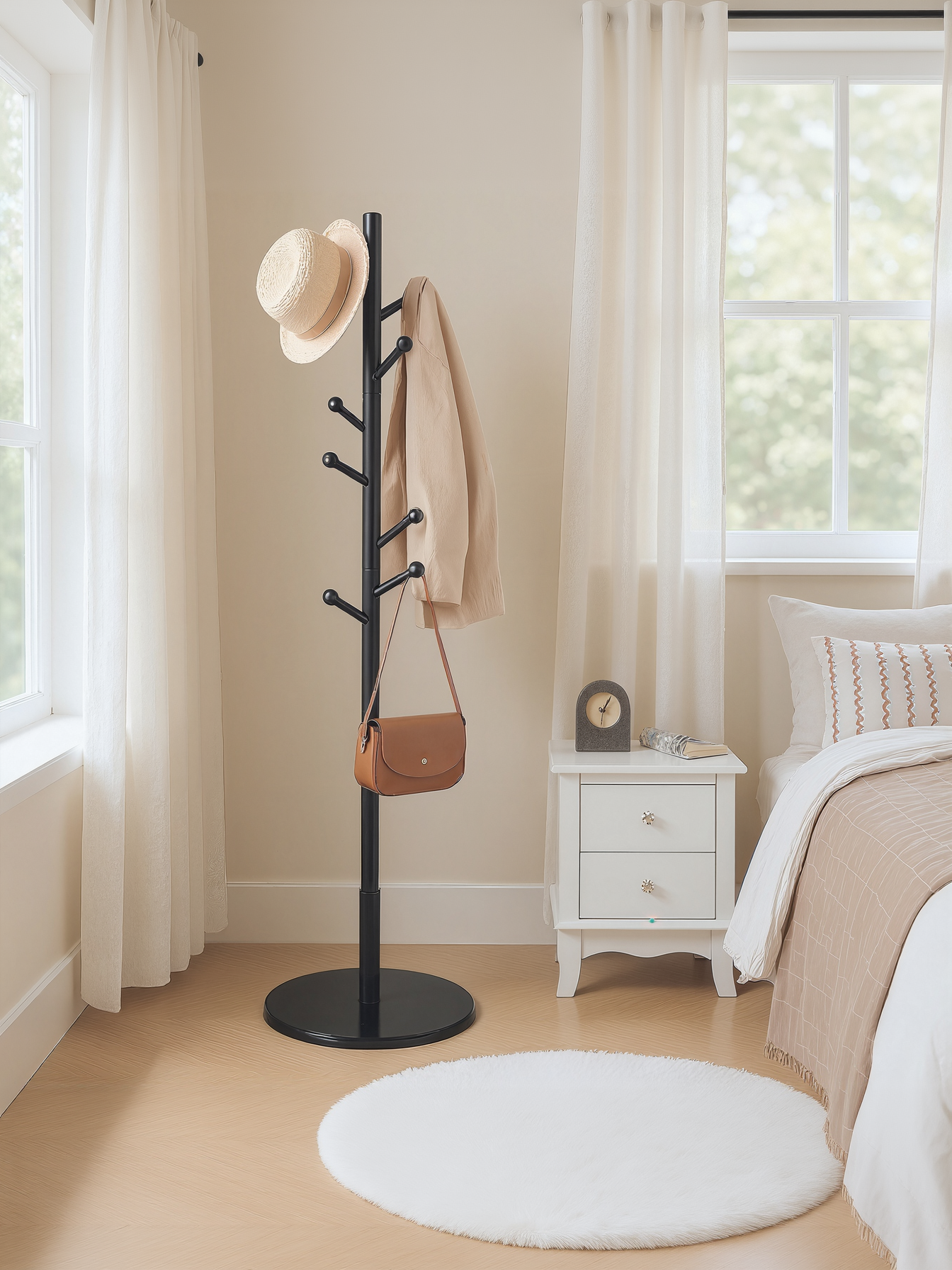 Solid Wood Coat Rack with 8 Hooks, Adjustable Height Free Standing Coat Tree for Entryway and Hallway, Rubberwood, Ink Black