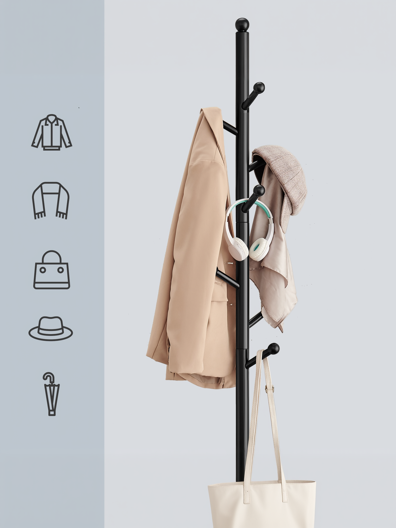 Solid Wood Coat Rack with 8 Hooks, Adjustable Height Free Standing Coat Tree for Entryway and Hallway, Rubberwood, Ink Black