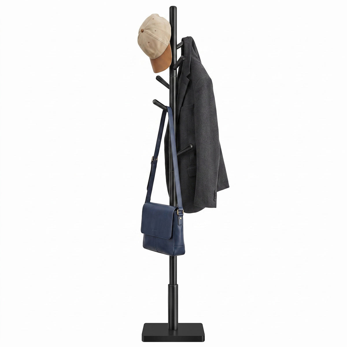LEDREM Wooden Clothes Rack with 8 Hooks, for Coats, Hats and Bags, Hallway Organizer, MDF, Rubber wood, Black