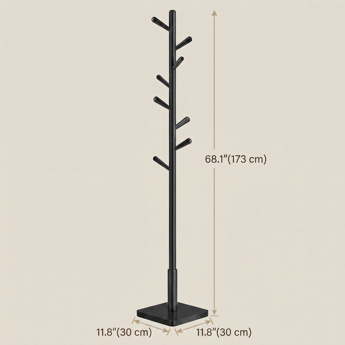 LEDREM Wooden Clothes Rack with 8 Hooks, for Coats, Hats and Bags, Hallway Organizer, MDF, Rubber wood, Black