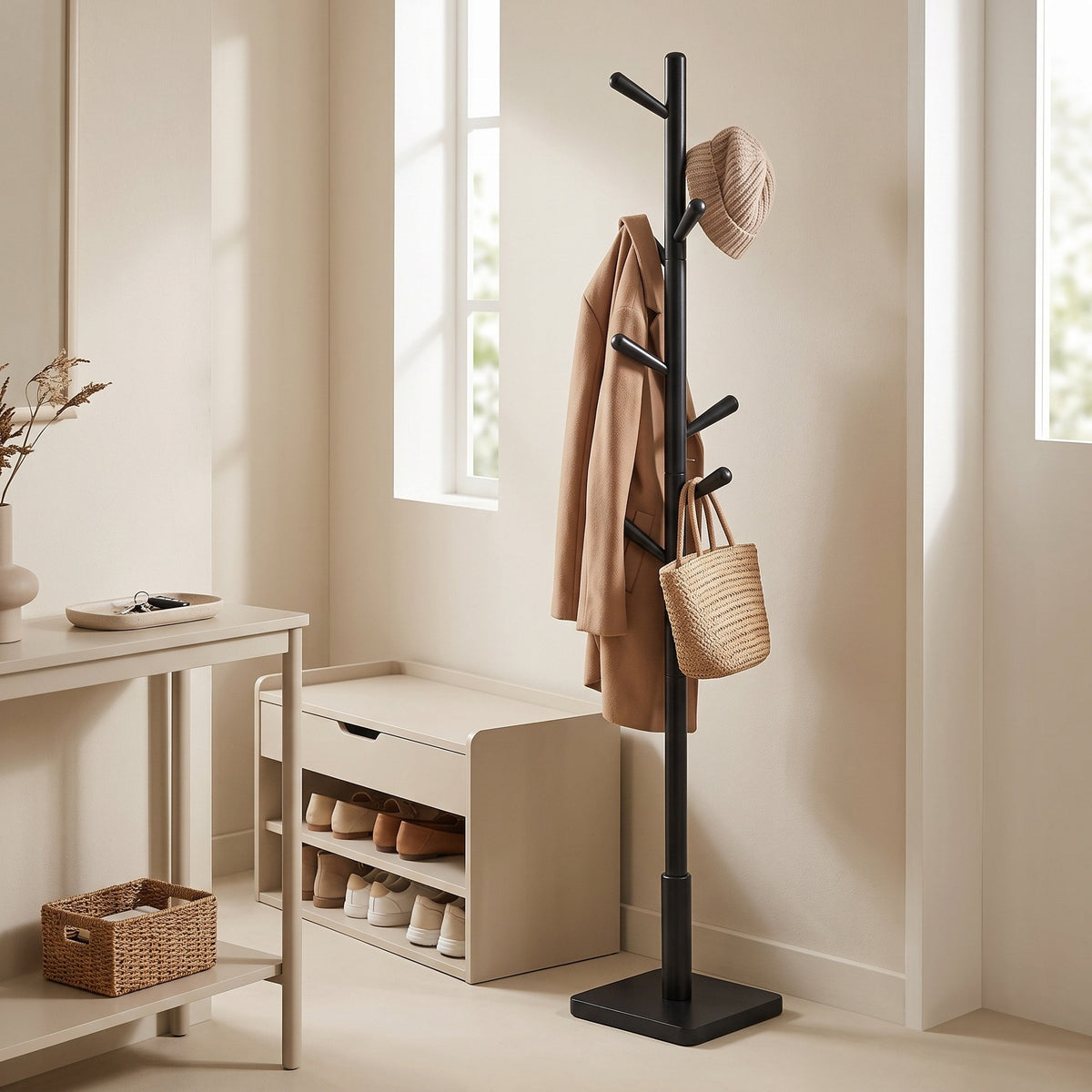 LEDREM Wooden Clothes Rack with 8 Hooks, for Coats, Hats and Bags, Hallway Organizer, MDF, Rubber wood, Black