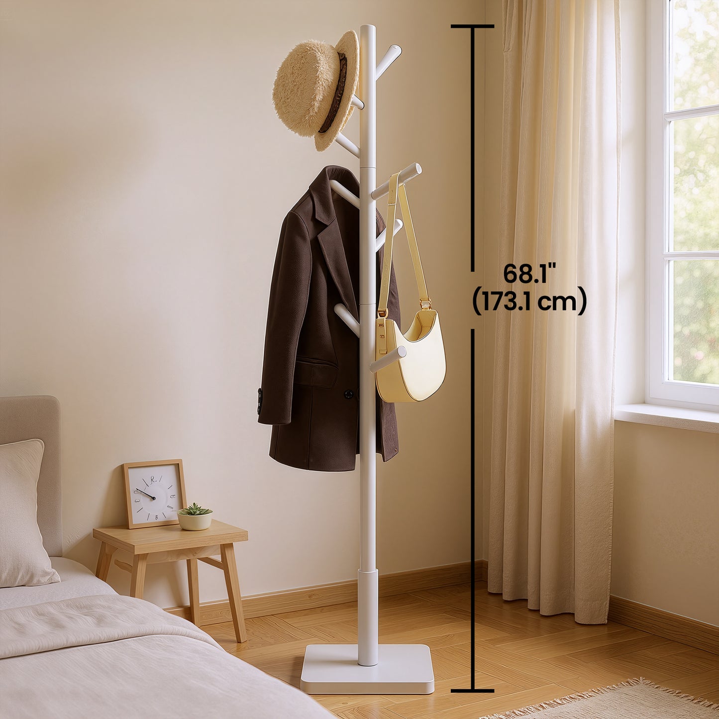 Wooden Clothes Rack with 8 Hooks, for Coats, Hats and Bags, Hallway Organizer, Rubberwood, Beige