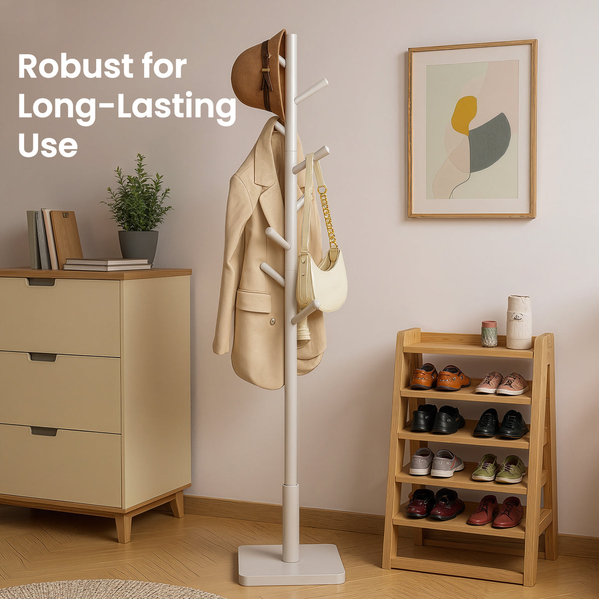Wooden Clothes Rack with 8 Hooks, for Coats, Hats and Bags, Hallway Organizer, Rubberwood, Beige
