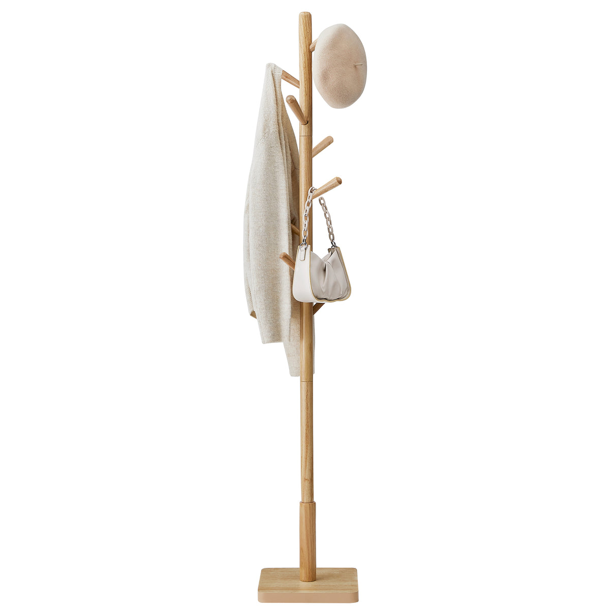 LEDREM Wooden Clothes Rack with 8 Hooks, for Coats, Hats and Bags, Hallway Organizer, Rubberwood, Natural