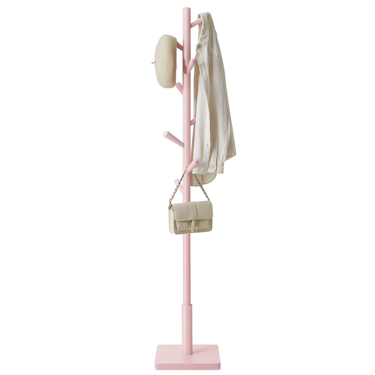 Wooden Clothes Rack with 8 Hooks, for Coats, Hats and Bags, Hallway Organizer, Rubberwood, Pink