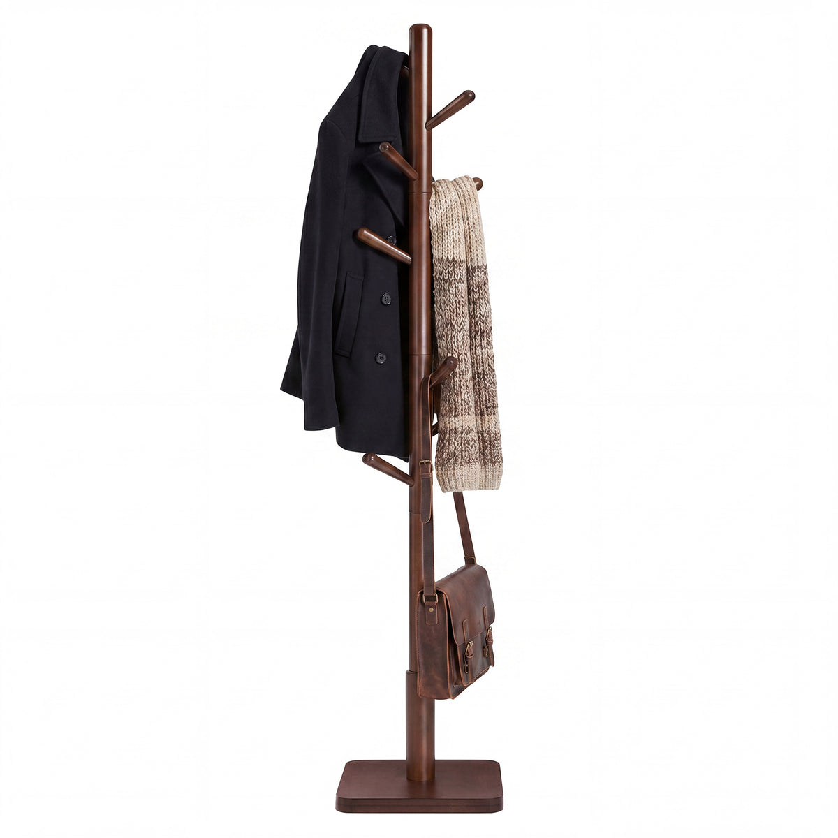 LEDREM Wooden Clothes Rack with 8 Hooks, for Coats, Hats and Bags, Hallway Organizer, MDF, Rubber wood, Walnut
