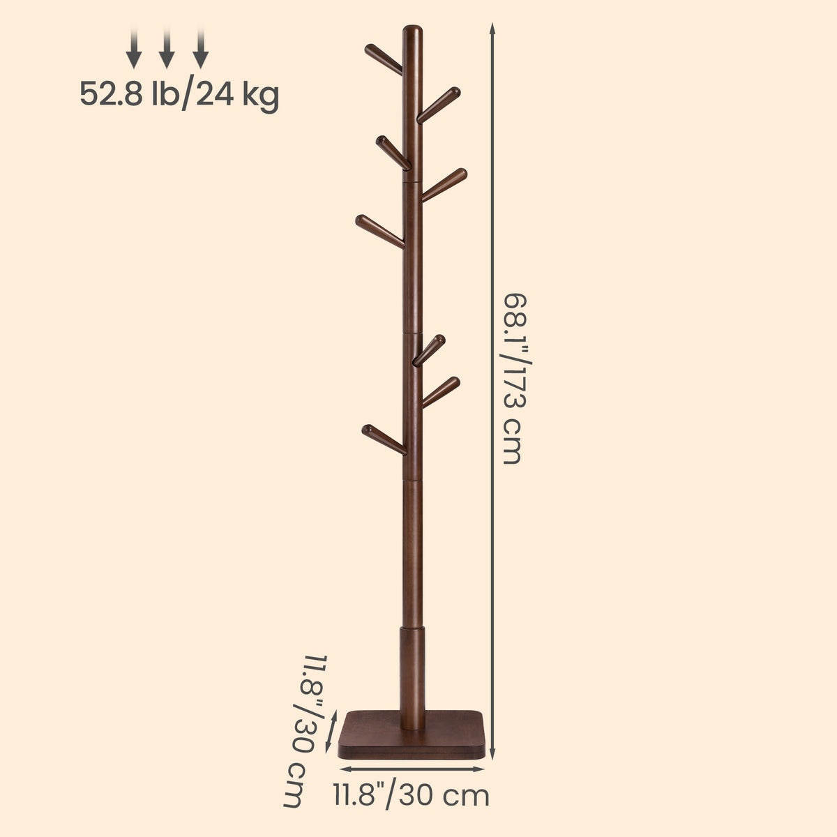 LEDREM Wooden Clothes Rack with 8 Hooks, for Coats, Hats and Bags, Hallway Organizer, MDF, Rubber wood, Walnut