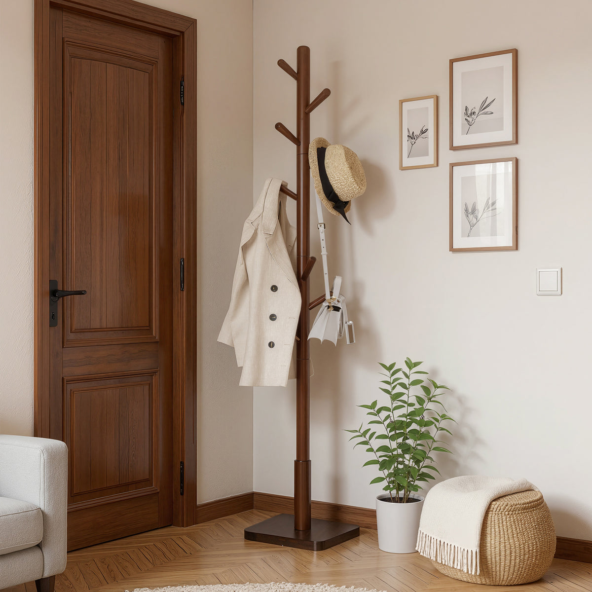 LEDREM Wooden Clothes Rack with 8 Hooks, for Coats, Hats and Bags, Hallway Organizer, MDF, Rubber wood, Walnut