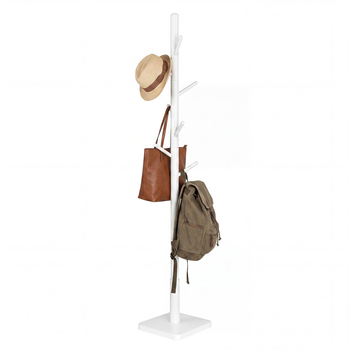 LEDREM Solid Wood Coat Rack, Free Standing Hall Coat Tree with 8 Hooks, 3 Height Options, Rubberwood Hooks and Pole, White