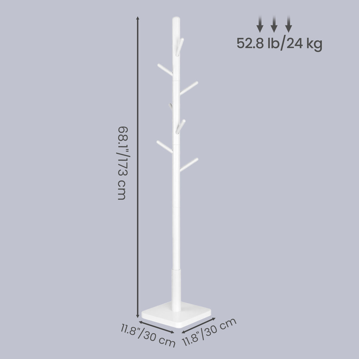 LEDREM Solid Wood Coat Rack, Free Standing Hall Coat Tree with 8 Hooks, 3 Height Options, Rubberwood Hooks and Pole, White