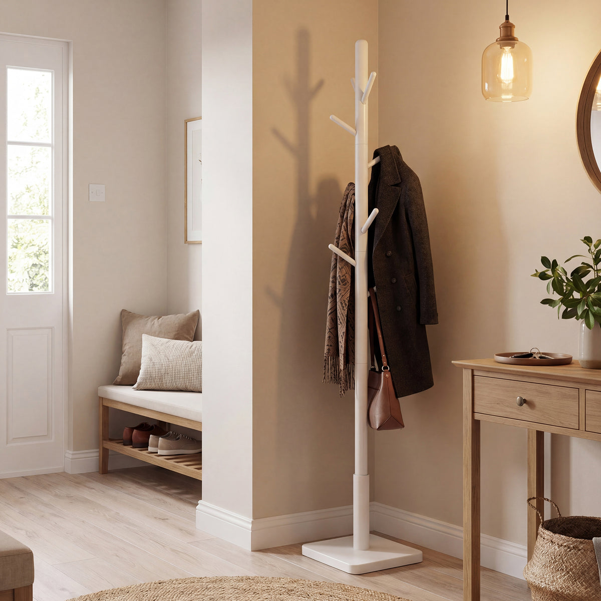 LEDREM Solid Wood Coat Rack, Free Standing Hall Coat Tree with 8 Hooks, 3 Height Options, Rubberwood Hooks and Pole, White