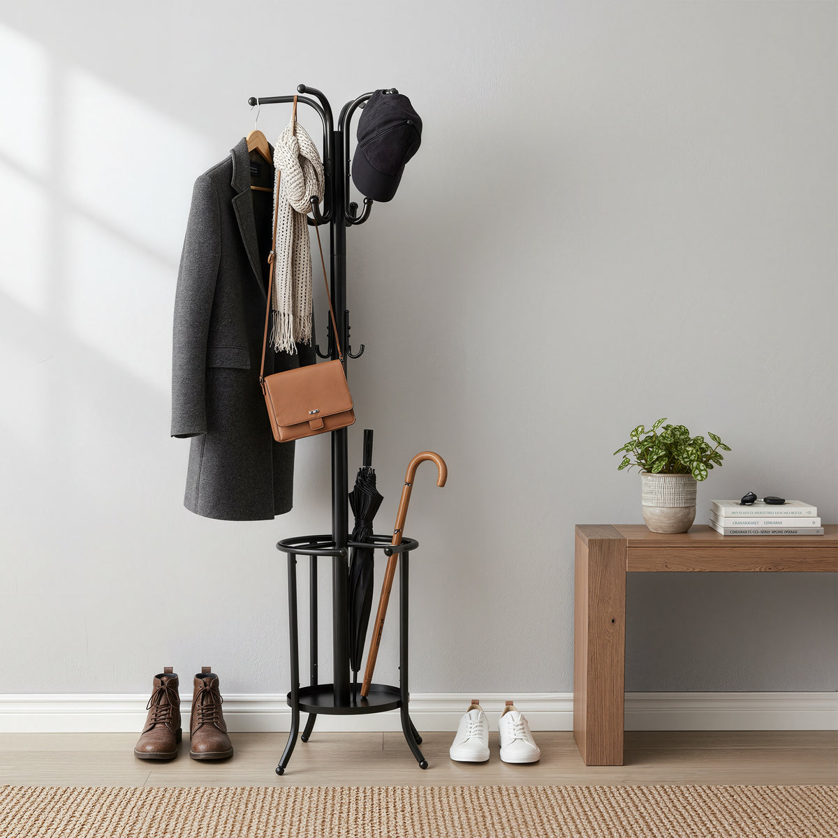 LEDREM Freestanding Coat Rack with Umbrella Holder and 12 Hooks, 11.8 x 11.8 x 69.1 inches, Black