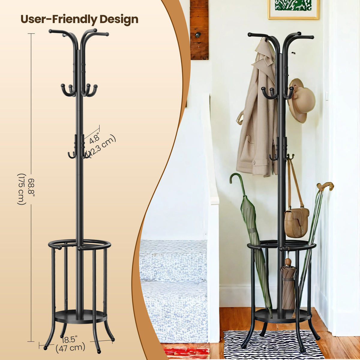 LEDREM Freestanding Coat Rack with Umbrella Holder and 12 Hooks, 11.8 x 11.8 x 69.1 inches, Black