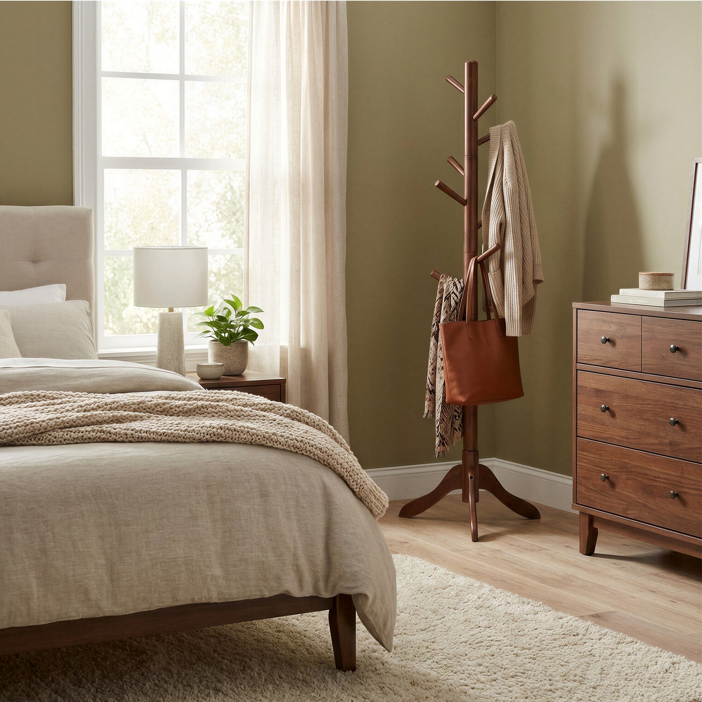 Solid Wood Tree-Shaped Coat Rack with 8 Hooks, 68.7 Inch Freestanding Stand with 3 Height Options, Caramel Brown