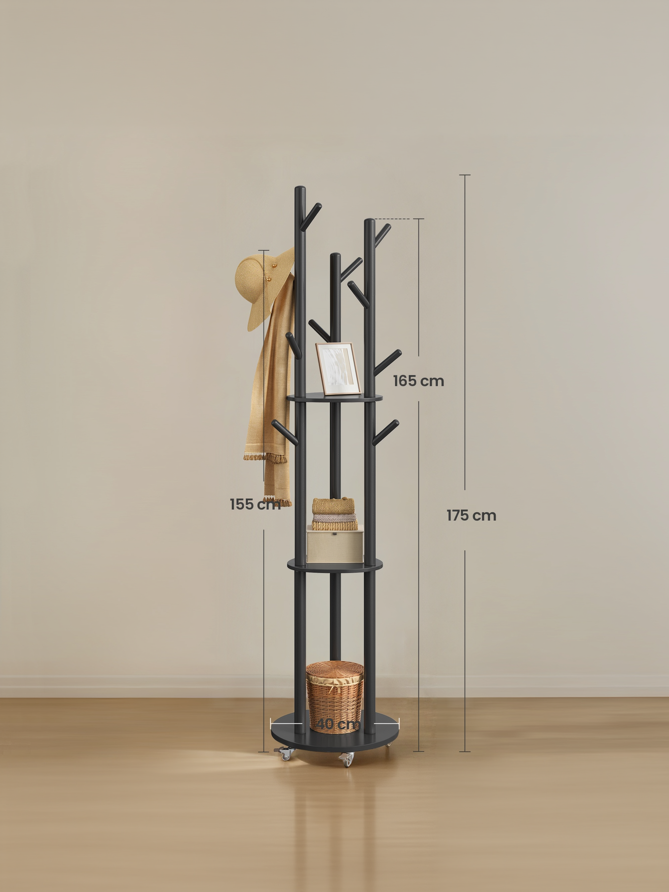 Freestanding Coat Rack Stand with 11 Hooks & 3 Shelves, Wooden Coat Tree with Removable 360° Swivel Wheels, for Entryway, Bedroom, Ink Black