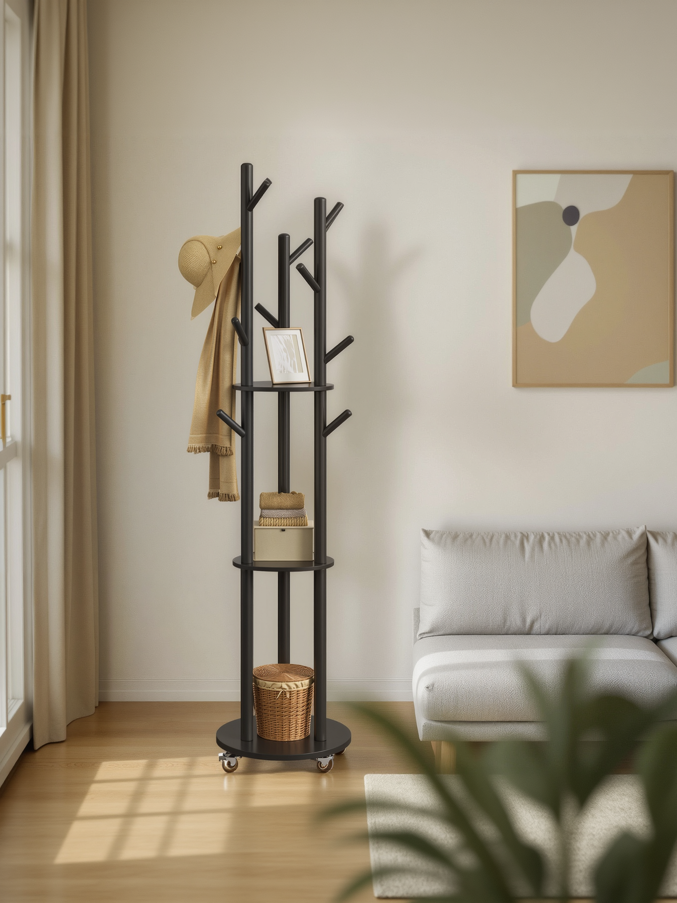 Freestanding Coat Rack Stand with 11 Hooks & 3 Shelves, Wooden Coat Tree with Removable 360° Swivel Wheels, for Entryway, Bedroom, Ink Black