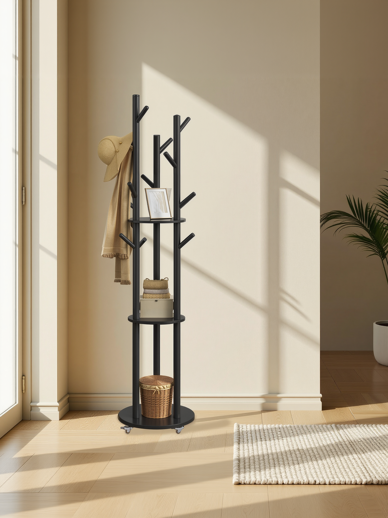 Freestanding Coat Rack Stand with 11 Hooks & 3 Shelves, Wooden Coat Tree with Removable 360° Swivel Wheels, for Entryway, Bedroom, Ink Black