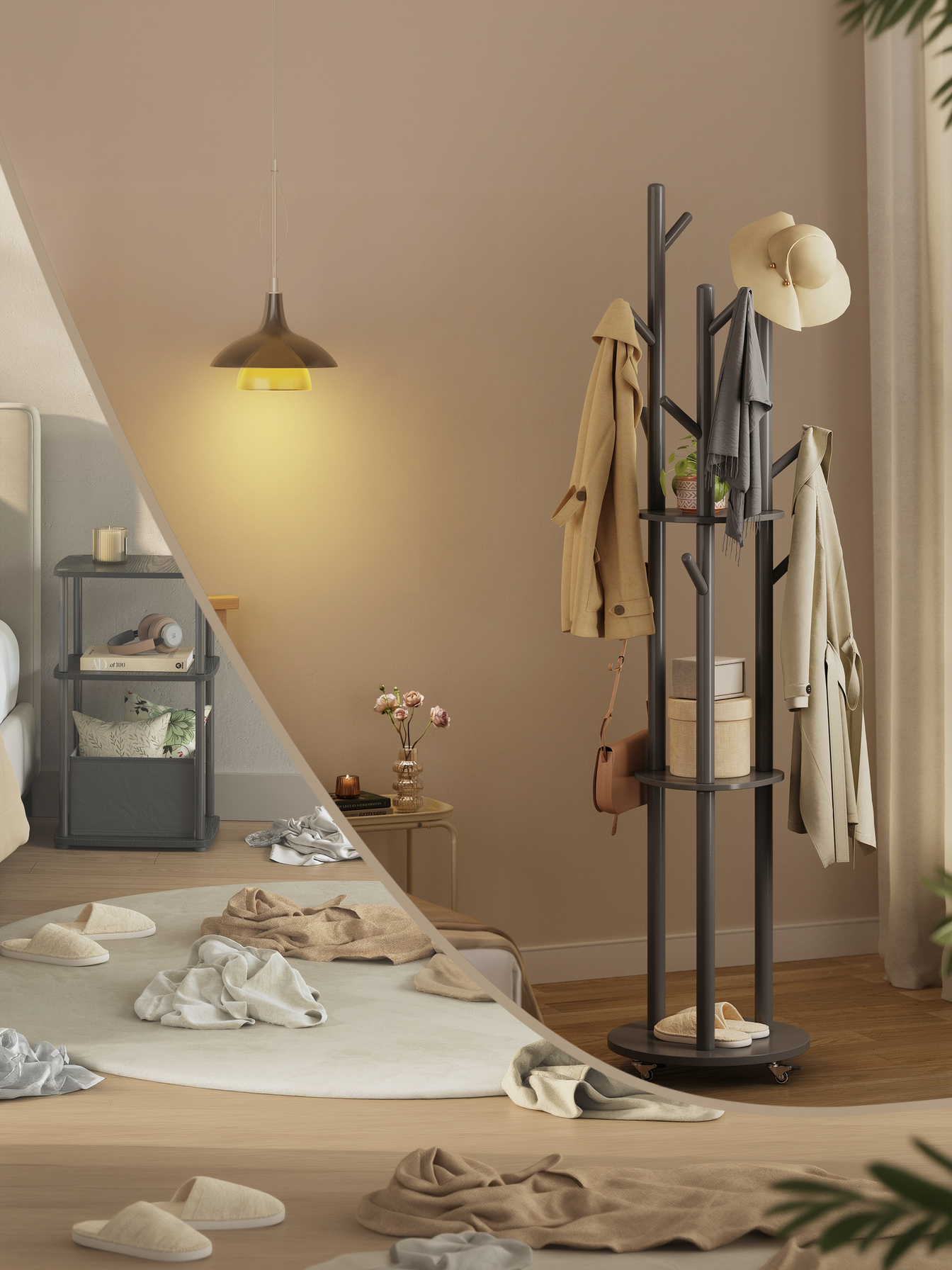 Freestanding Coat Rack Stand with 11 Hooks & 3 Shelves, Wooden Coat Tree with Removable 360° Swivel Wheels, for Entryway, Bedroom, Ink Black