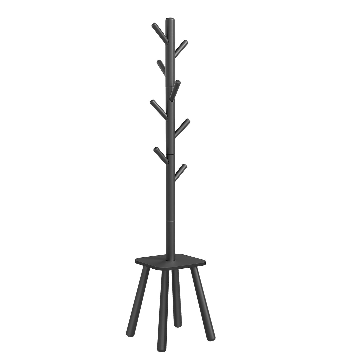 Wooden Freestanding Coat Rack with 8 Hooks and Storage Shelf, 13.2 x 13.2 x 69.2 inches, Black