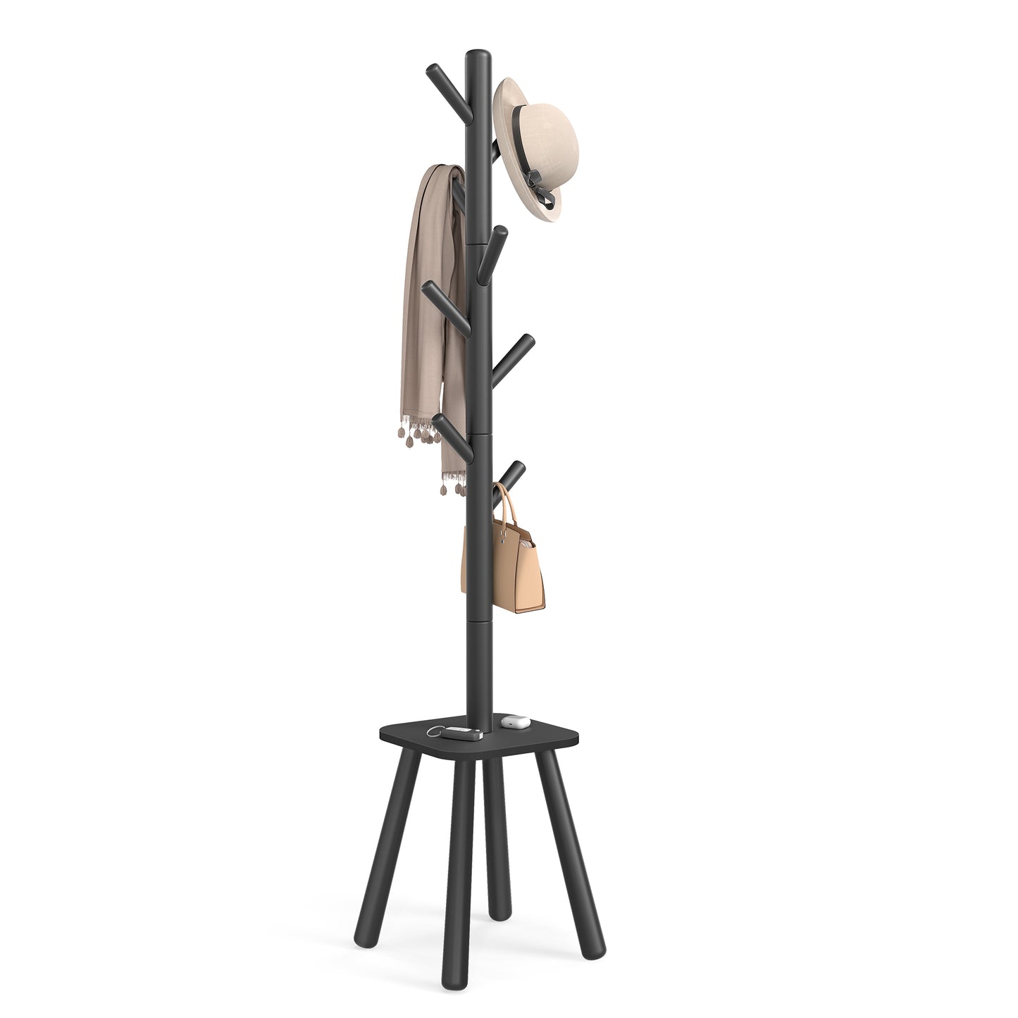 Wooden Freestanding Coat Rack with 8 Hooks and Storage Shelf, 13.2 x 13.2 x 69.2 inches, Black