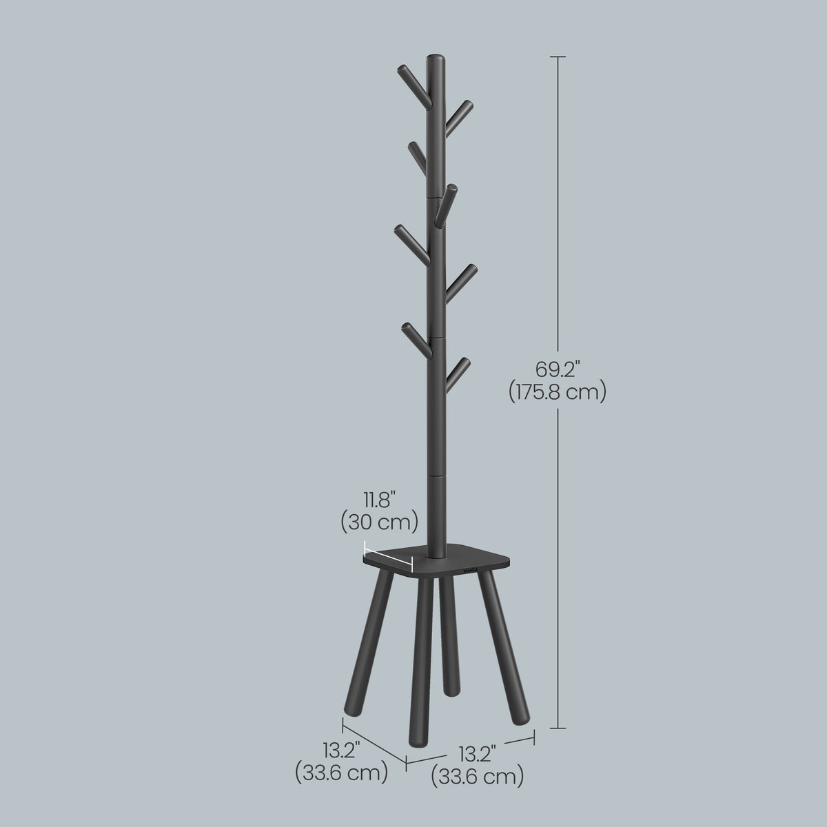 Wooden Freestanding Coat Rack with 8 Hooks and Storage Shelf, 13.2 x 13.2 x 69.2 inches, Black