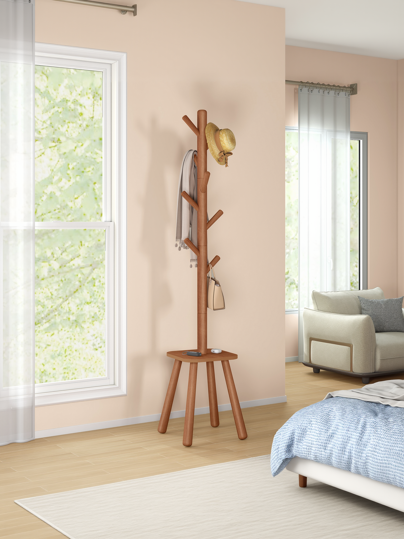 Free Standing Coat Rack with 8 Hooks and Storage Shelf, 69.2-Inch Tall Hall Coat Tree for Entryway and Bedroom, Caramel Brown