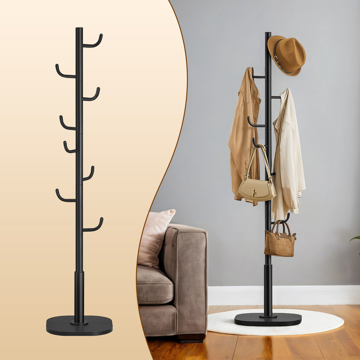 Coat Rack, Freestanding Cactus Hat Tree Stand, 15.7 x 15.7 x 69.2 Inches, Black