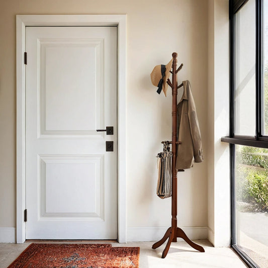 Freestanding Coat Rack Stand, 10-Hook Solid Rubberwood Entryway Hall Tree with Tri-Leg Base for Jackets, Hats, Bags, Dark Walnut