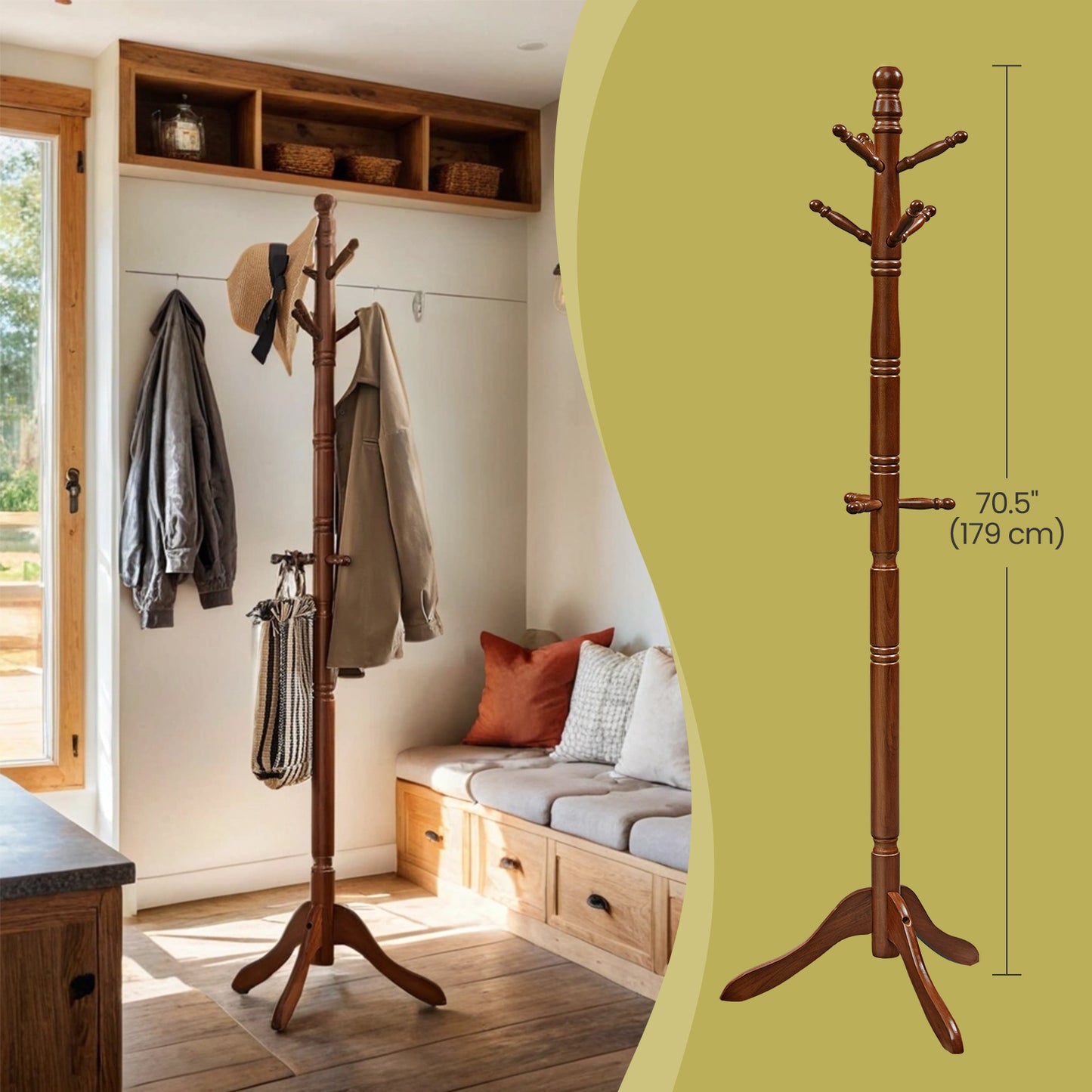 Freestanding Coat Rack Stand, 10-Hook Solid Rubberwood Entryway Hall Tree with Tri-Leg Base for Jackets, Hats, Bags, Dark Walnut