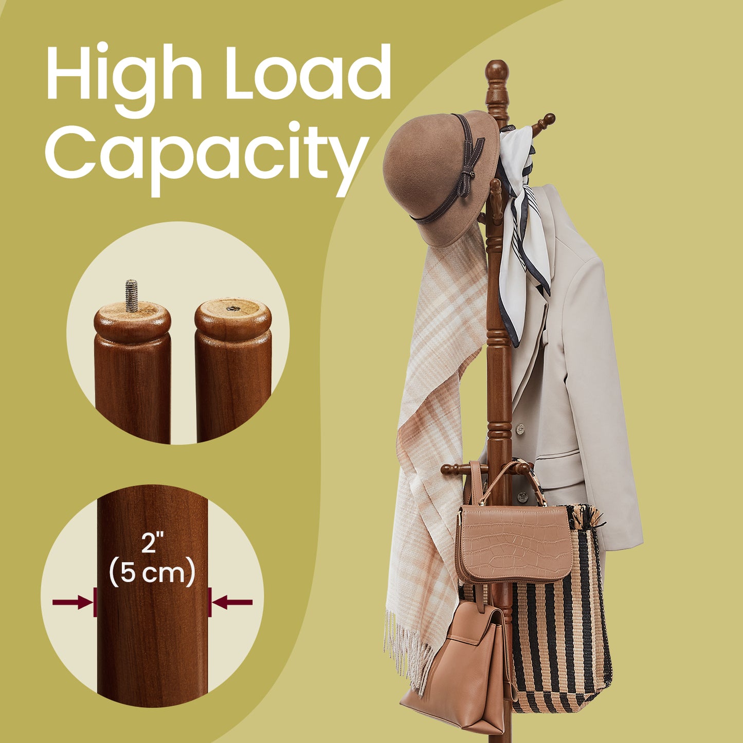 Freestanding Coat Rack Stand, 10-Hook Solid Rubberwood Entryway Hall Tree with Tri-Leg Base for Jackets, Hats, Bags, Dark Walnut