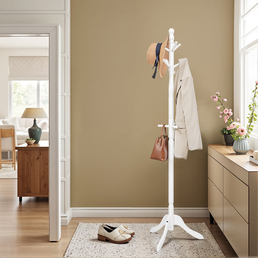 Solid Wood Entryway Coat Rack Stand, 10-Hook Free Standing Hall Tree for Jackets, Hats, Bags, Tri-Leg Base, Cloud White
