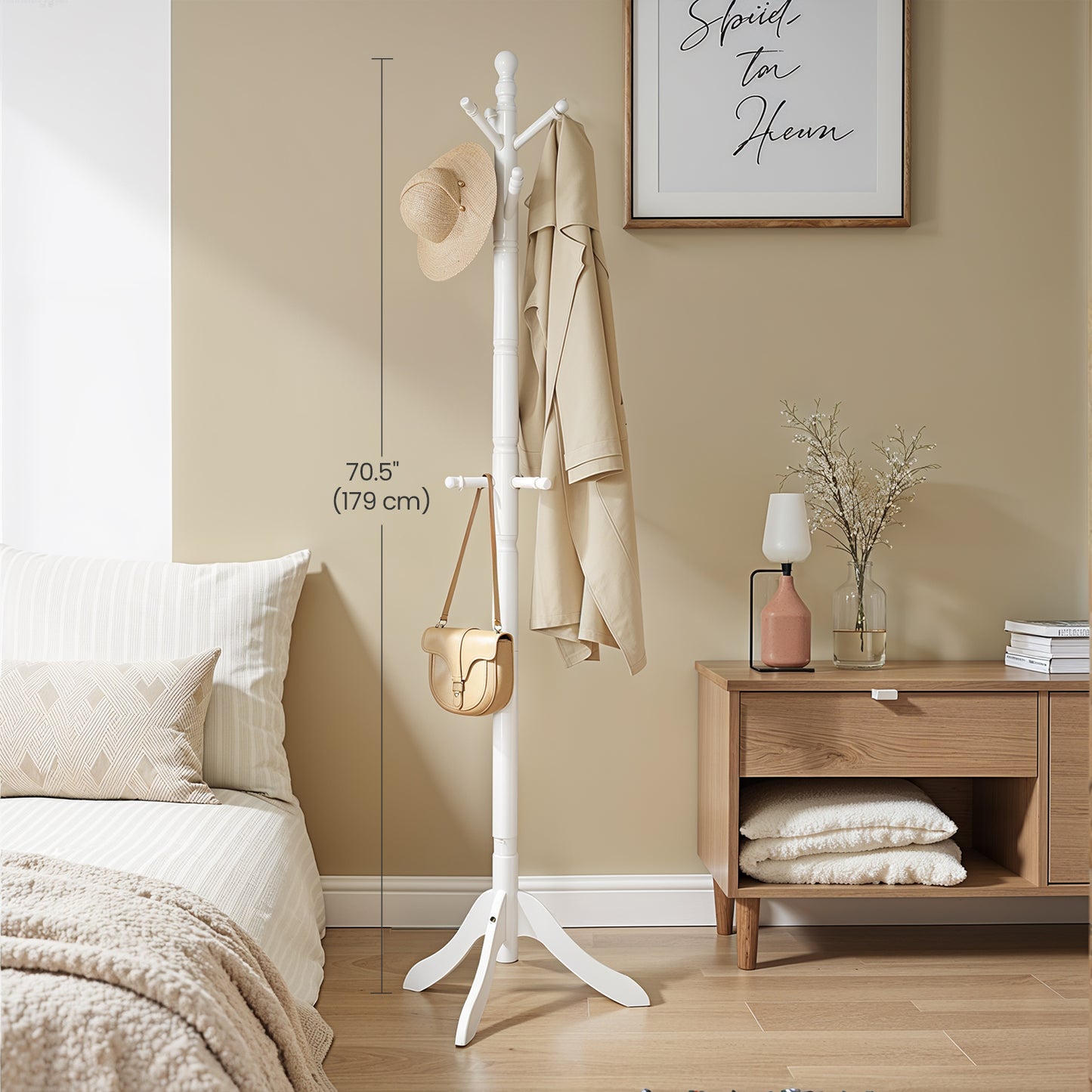 Solid Wood Entryway Coat Rack Stand, 10-Hook Free Standing Hall Tree for Jackets, Hats, Bags, Tri-Leg Base, Cloud White