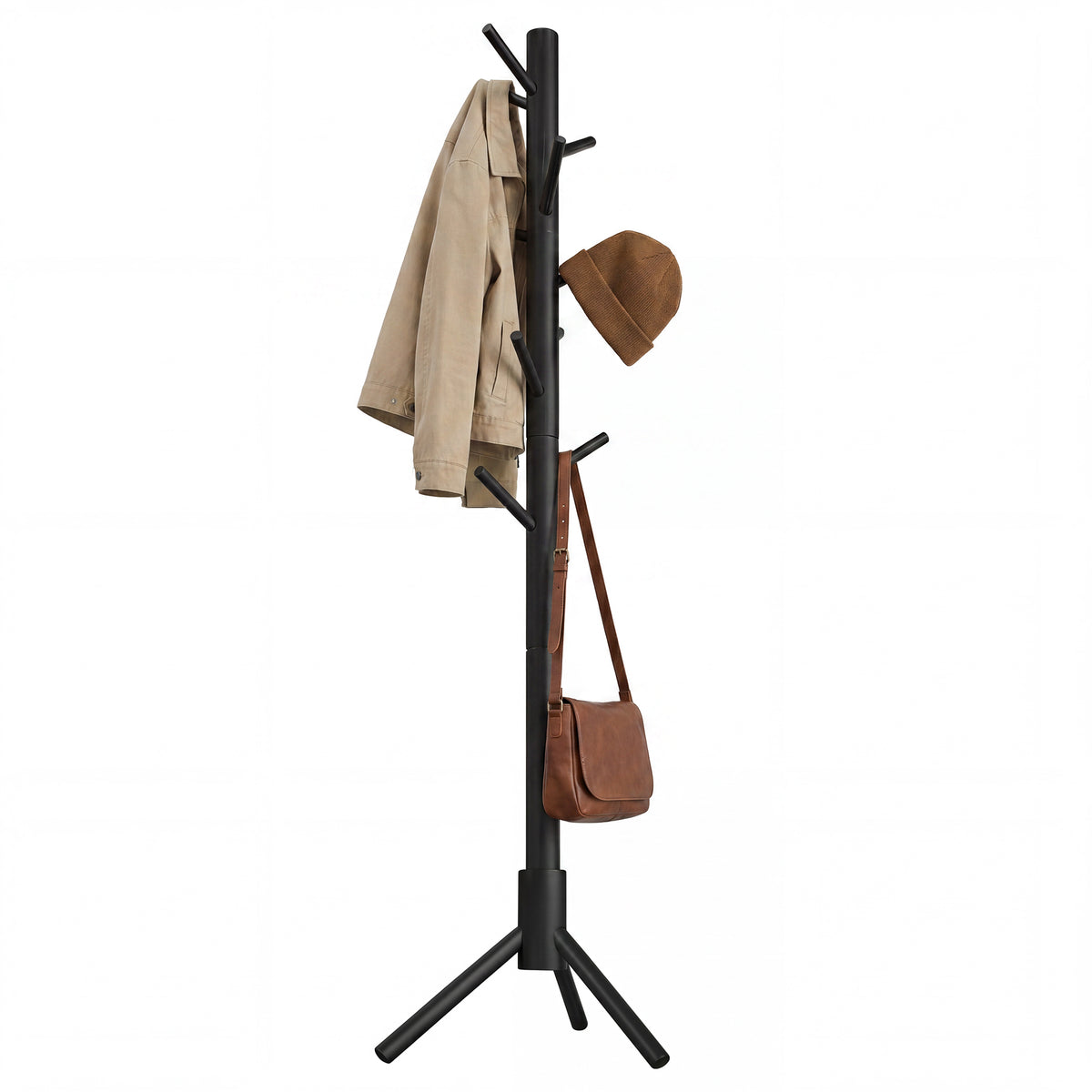 LEDREM Solid Wood Tree-Shaped Free-Standing Coat Rack, with 8 Hooks and 3 Height Options for Clothes, Hats and Bags, Ink BlackLEDREM Solid Wood Tree-Shaped Free-Standing Coat Rack, with 8 Hooks and 3 Height Options for Clothes, Hats and Bags, Ink Black