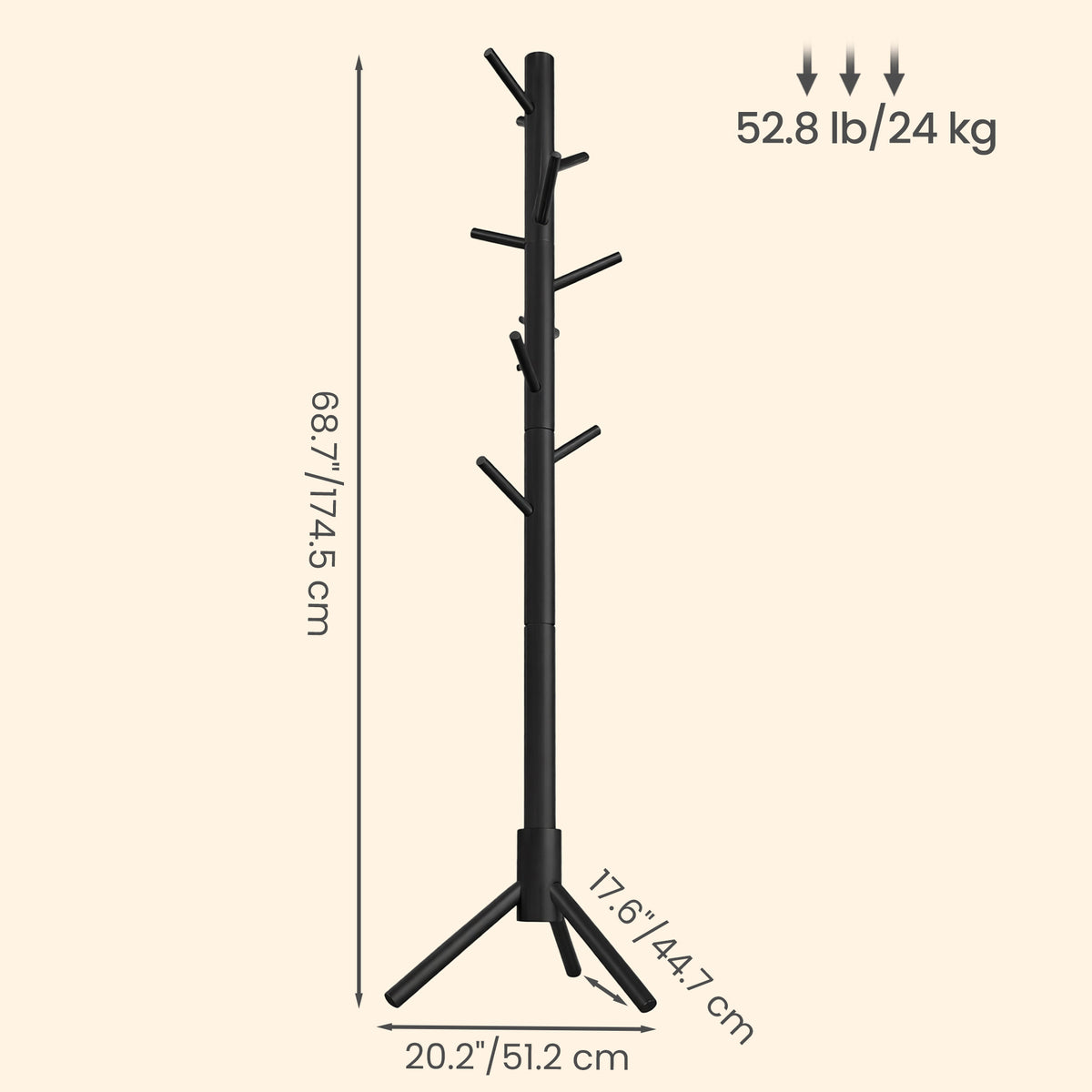 LEDREM Solid Wood Tree-Shaped Free-Standing Coat Rack, with 8 Hooks and 3 Height Options for Clothes, Hats and Bags, Ink BlackLEDREM Solid Wood Tree-Shaped Free-Standing Coat Rack, with 8 Hooks and 3 Height Options for Clothes, Hats and Bags, Ink Black