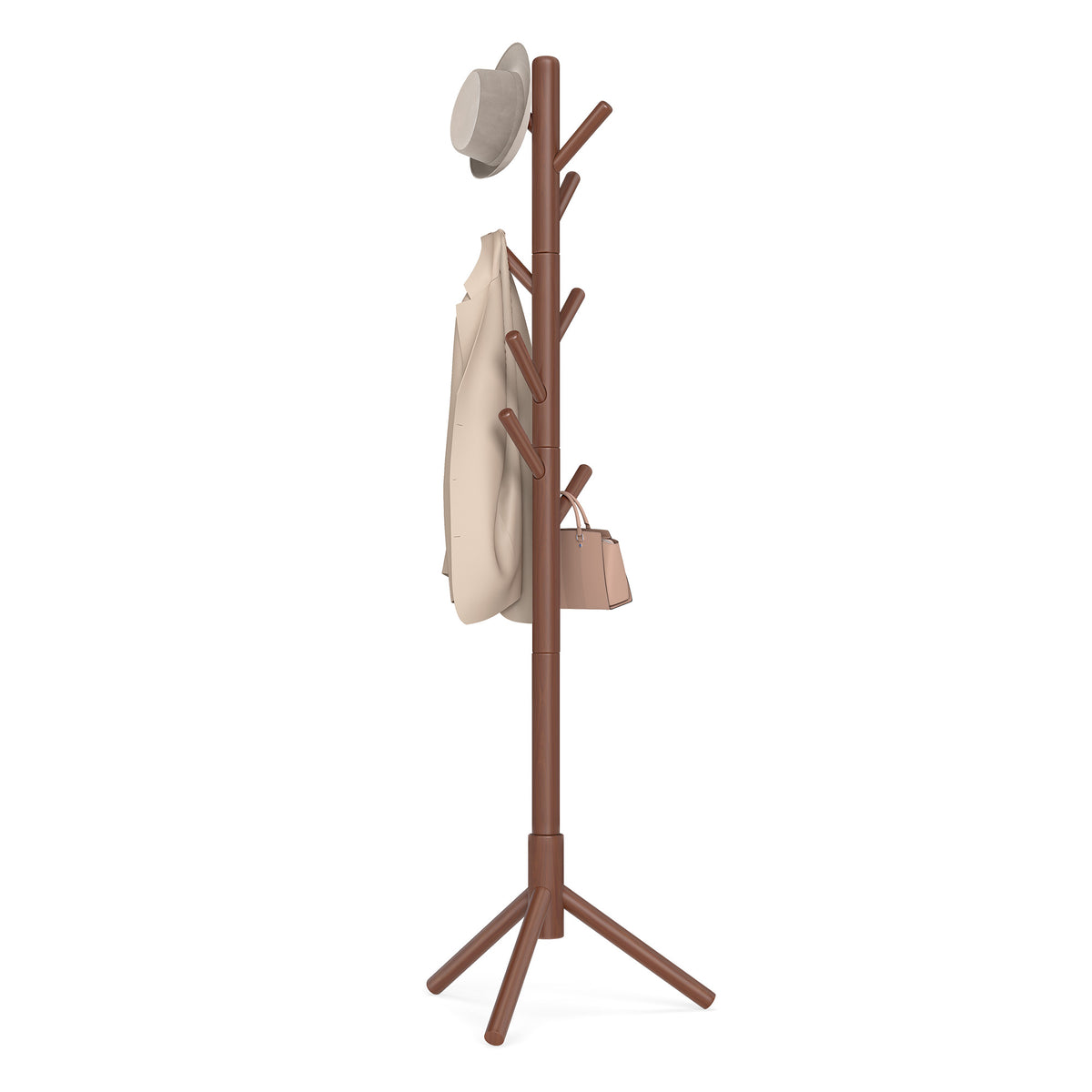 LEDREM Solid Wood Tree-Shaped Free-Standing Coat Rack, with 8 Hooks and 3 Height Options for Clothes, Hats and Bags, Caramel Brown