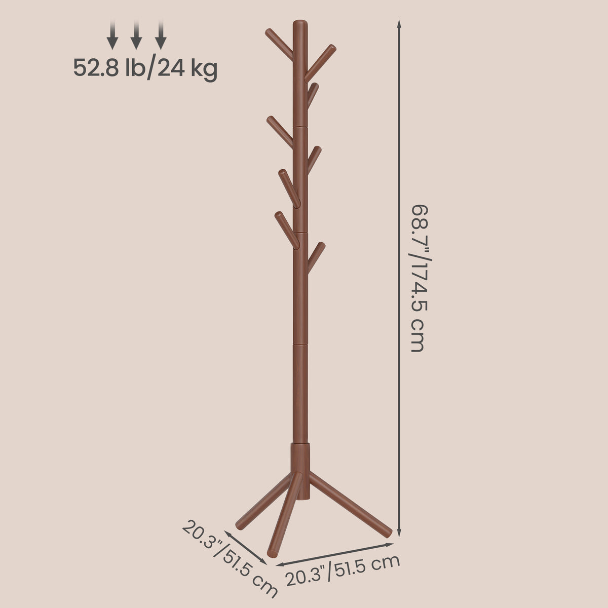 LEDREM Solid Wood Tree-Shaped Free-Standing Coat Rack, with 8 Hooks and 3 Height Options for Clothes, Hats and Bags, Caramel Brown
