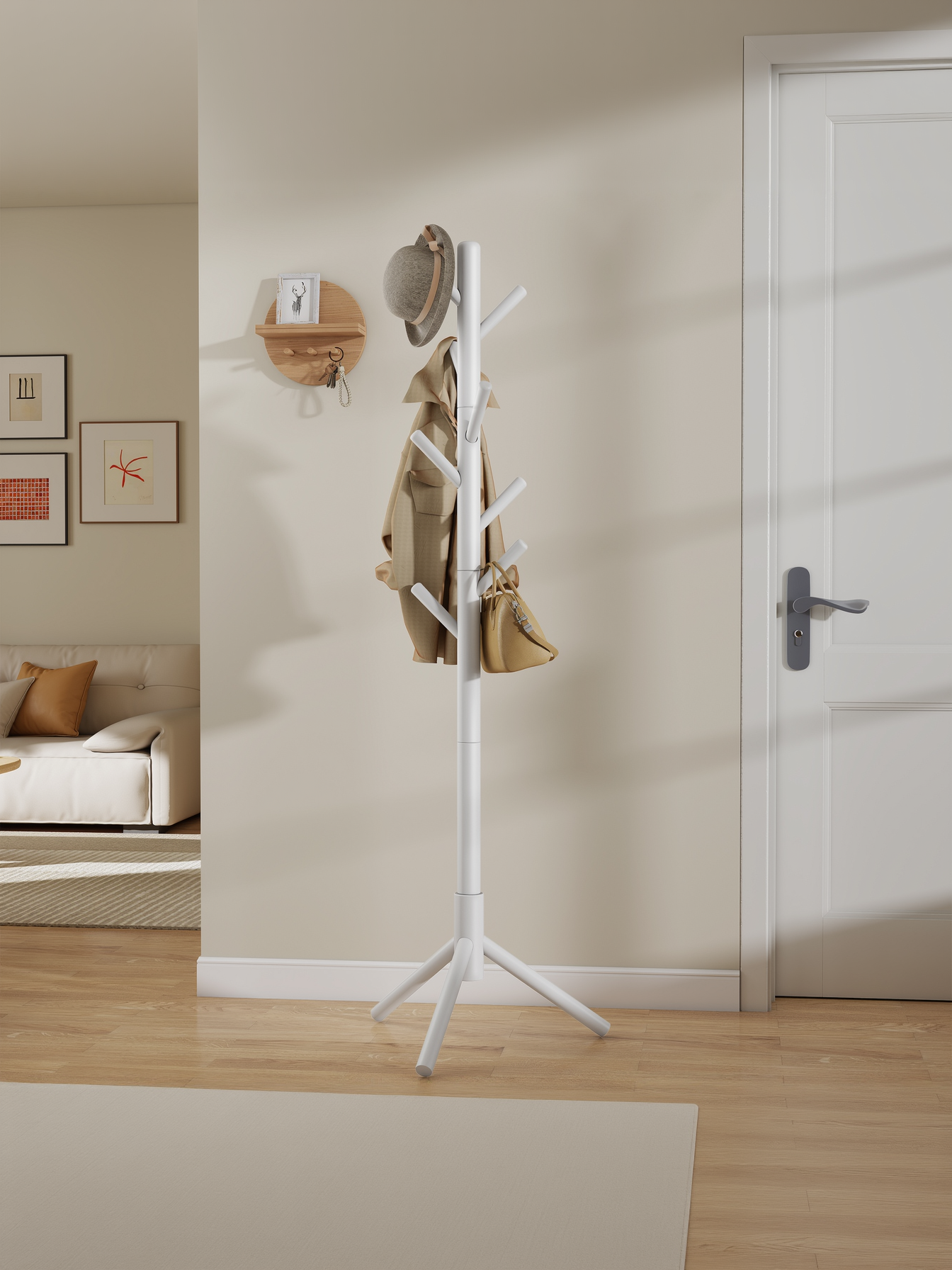 Solid Wood Tree-Shaped Coat Rack with 8 Hooks, Adjustable Height Free Standing Coat Tree for Living Room and Bedroom, White