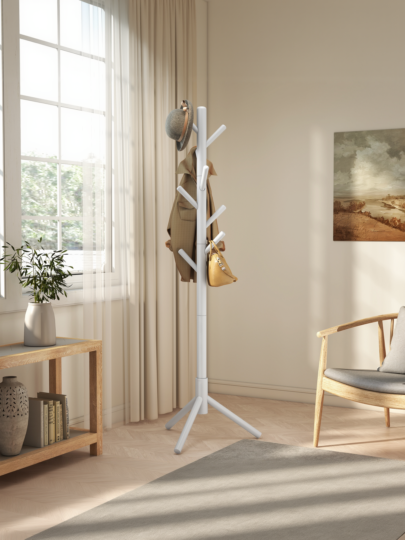Solid Wood Tree-Shaped Coat Rack with 8 Hooks, Adjustable Height Free Standing Coat Tree for Living Room and Bedroom, White