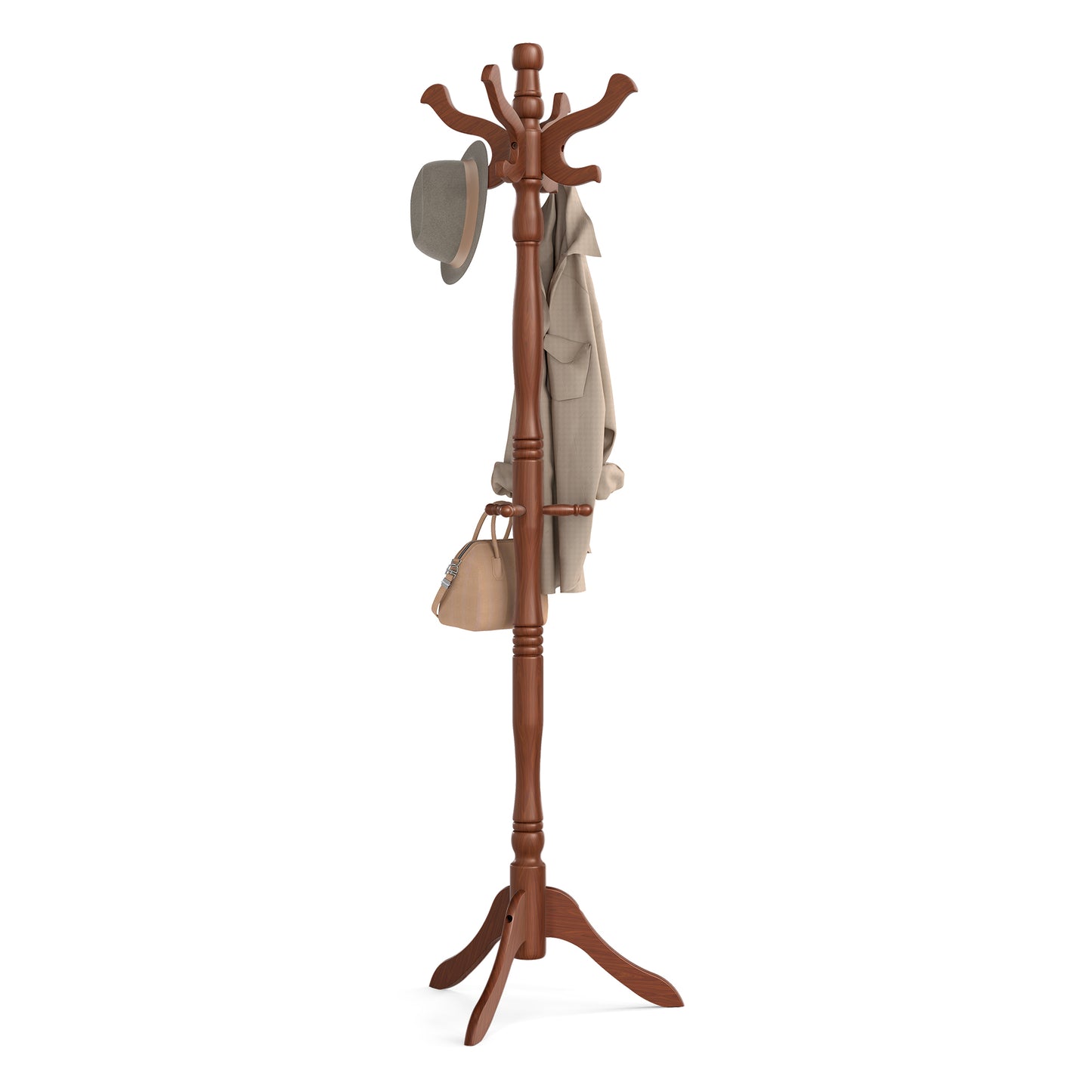 Solid Wood Coat Rack, Freestanding Hat Tree Stand with 9 Hooks, 20.5 x 17.8 x 70.9 inches, Tan