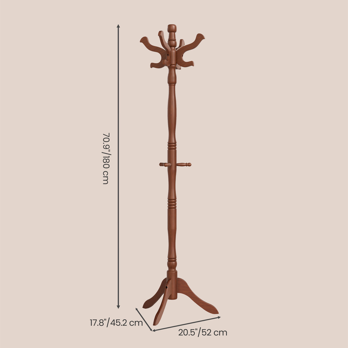 Solid Wood Coat Rack, Freestanding Hat Tree Stand with 9 Hooks, 20.5 x 17.8 x 70.9 inches, Tan