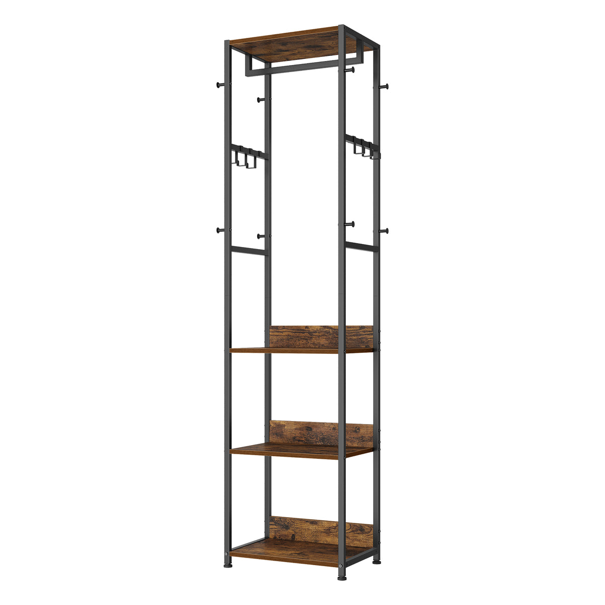 Portable Wardrobe Closet, Industrial Clothes Rack with 4 Shelves & Hanging Rod, Freestanding Coat Stand with Hooks, Space-Saving, Ink Black and Rustic Brown