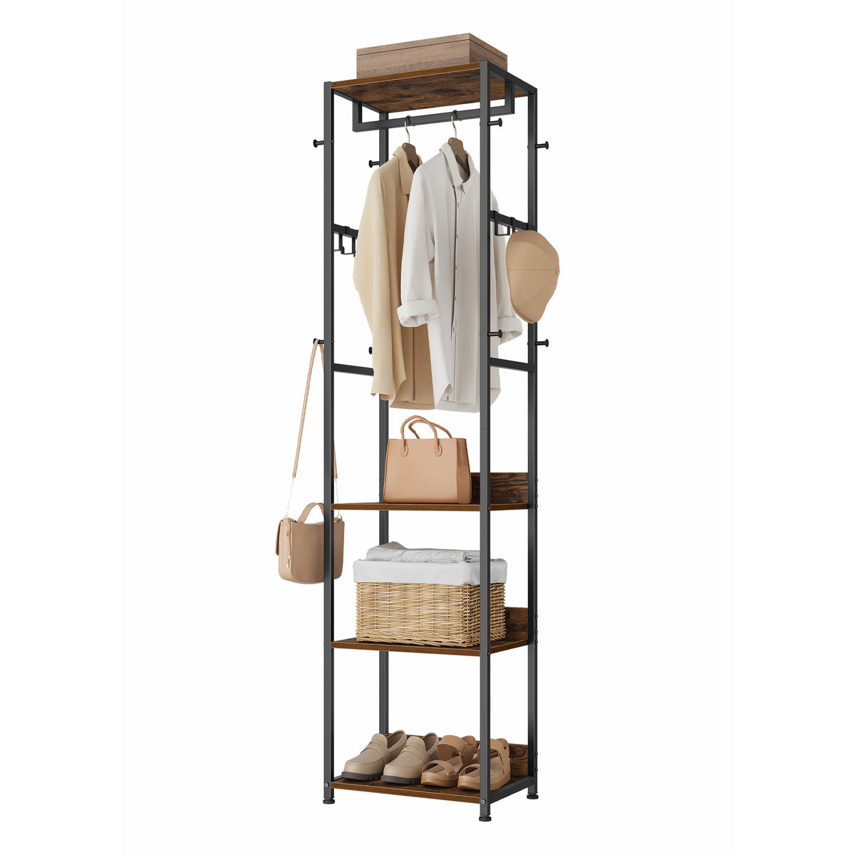 Portable Wardrobe Closet, Industrial Clothes Rack with 4 Shelves & Hanging Rod, Freestanding Coat Stand with Hooks, Space-Saving, Ink Black and Rustic Brown