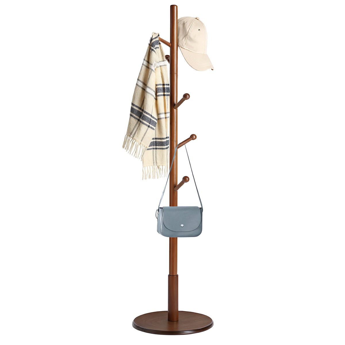 LEDREM Solid Wood Coat Rack, Free Standing Hall Coat Tree with 7 Hooks, 3 Height Options, Rubberwood Hooks and Pole, Tan