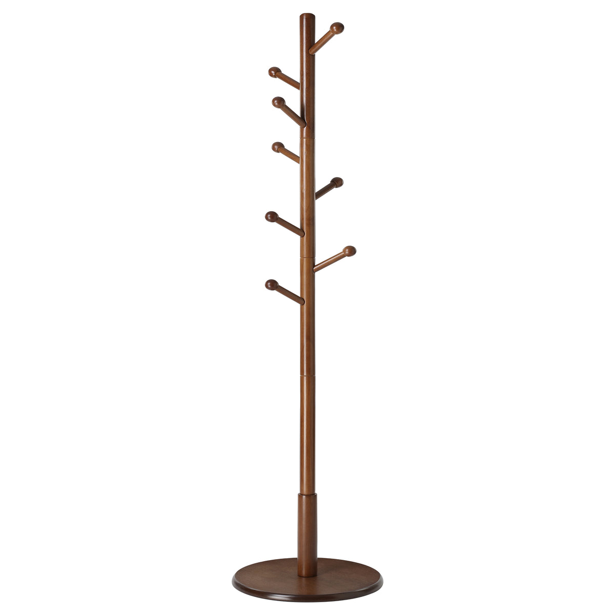 LEDREM Solid Wood Coat Rack, Free Standing Hall Coat Tree with 7 Hooks, 3 Height Options, Rubberwood Hooks and Pole, Tan