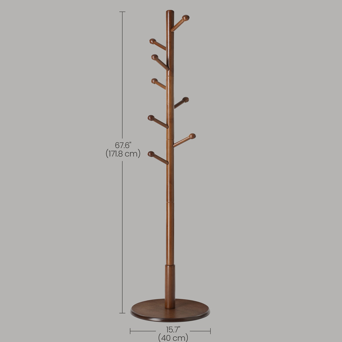 LEDREM Solid Wood Coat Rack, Free Standing Hall Coat Tree with 7 Hooks, 3 Height Options, Rubberwood Hooks and Pole, Tan