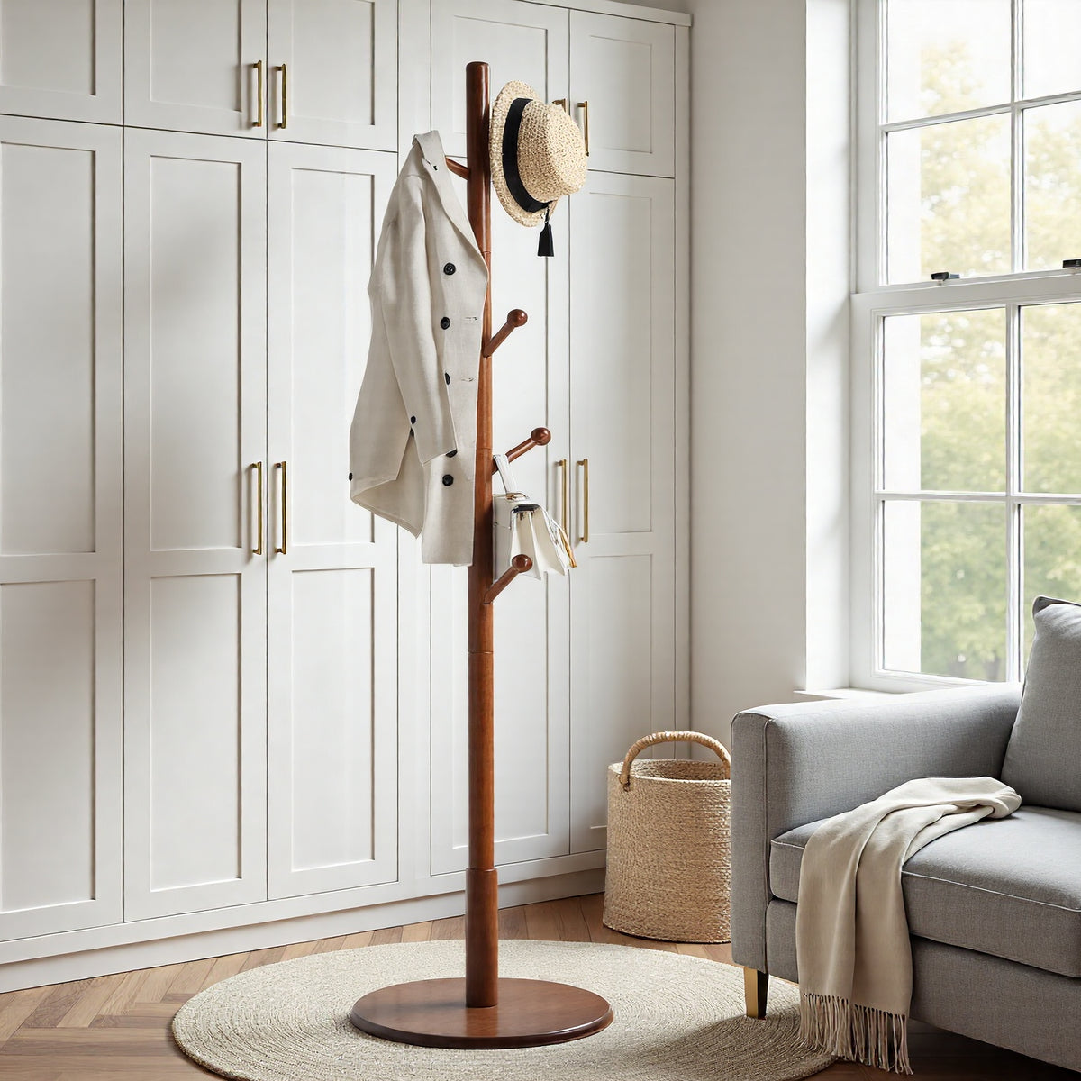 LEDREM Solid Wood Coat Rack, Free Standing Hall Coat Tree with 7 Hooks, 3 Height Options, Rubberwood Hooks and Pole, Tan