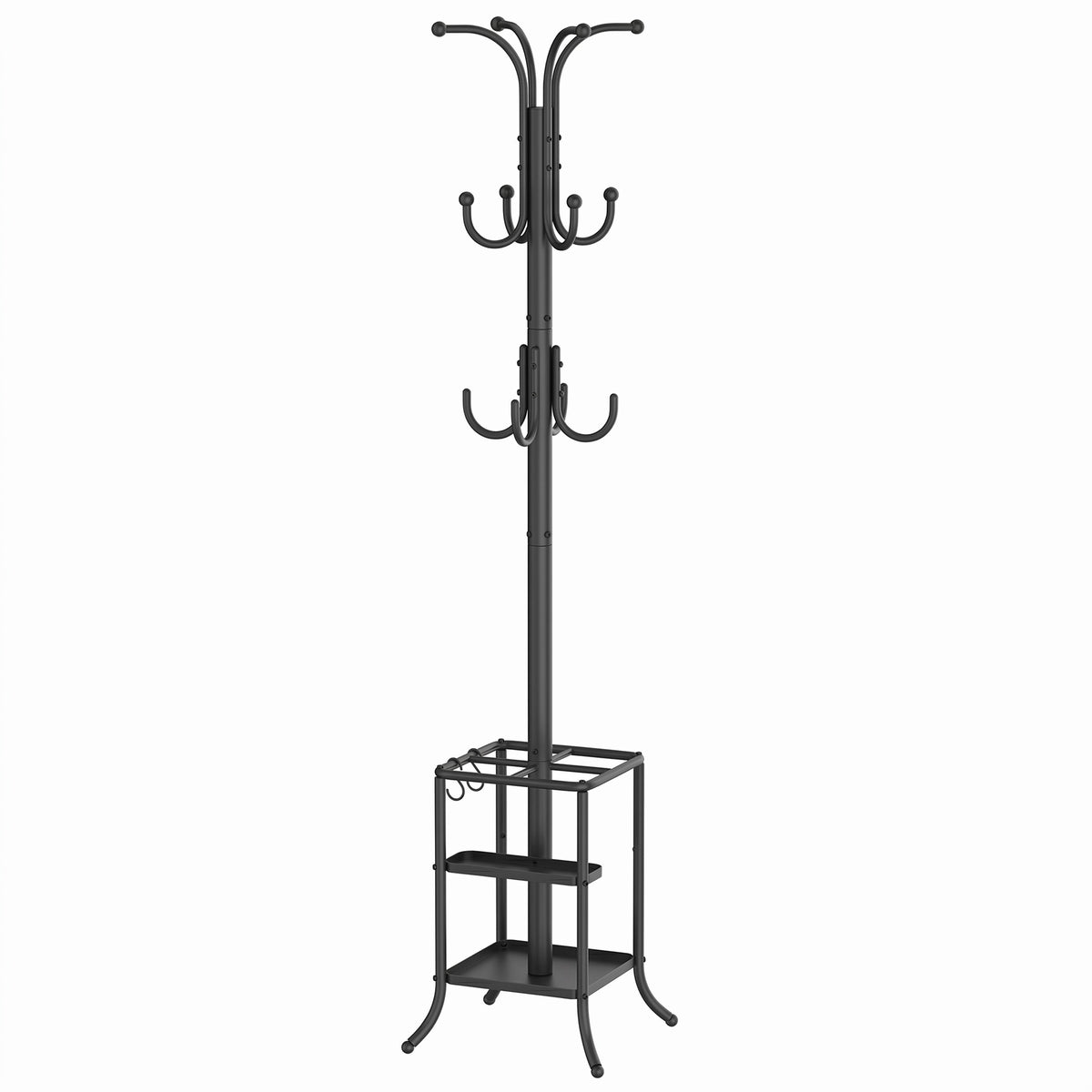 LEDREM Freestanding Coat Rack with Umbrella Holder, Steel Stand with 12 Hooks, for Entryway, Hallway, Living Room, Bedroom, Black