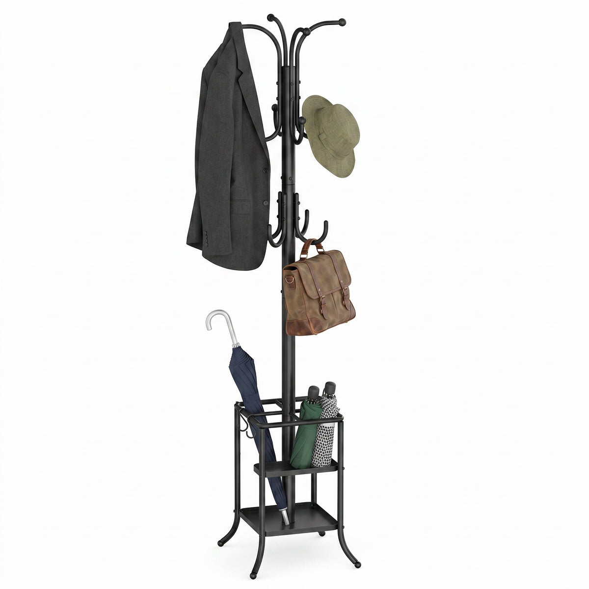 LEDREM Freestanding Coat Rack with Umbrella Holder, Steel Stand with 12 Hooks, for Entryway, Hallway, Living Room, Bedroom, Black